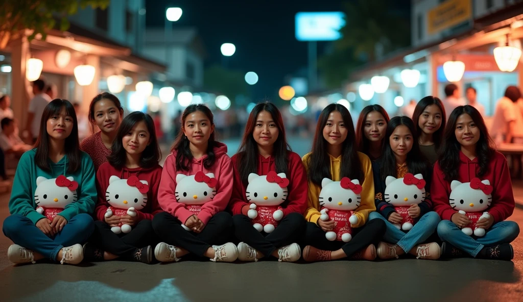 11 beautiful, slightly fat Indonesian adult women, loose hair, big nose, wear a hoodie, long pants, wear sneakers, sit down, all faces facing the front camera, sit down, hand holding a hello kitty doll, in the middle of the village road, dark night atmosphere with lots of beautiful lights, many people behind, ultra details, minim diffect, realistic, 8k quality image