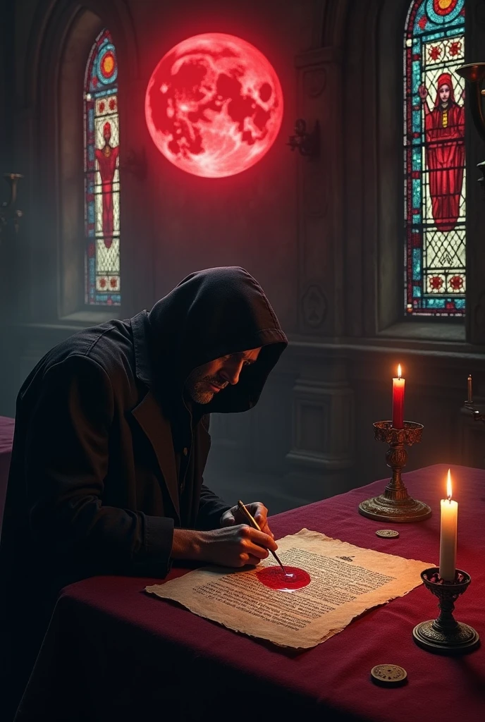 a blood-colored moon reflects through the windows, inside an old chapel with altar, first person perspective signing a blood contract