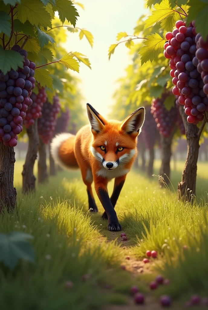 A fox walking to the vineyard of grapes