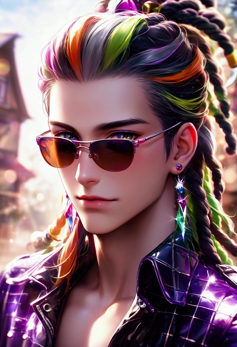 A man playing DJ,sunglasses,headphone,Surrounded by equipment,Black,Dreadlocks,(((live house))),(((Dazzling Spotlight))),On stage,chromatic aberration, depth of field,Punk Fashion,Leather material,silver accessories, ((masterpiece, Highest quality, Highly detailed CG, unity 8k wallpaper )),(masterpiece, Highest quality, Highest quality, Official Art, beautiful),Very vivid,High-precision images,Ultra-high resolution,Great art,Poster Art,Impressive photos,Colorful highlights,Inner Color,