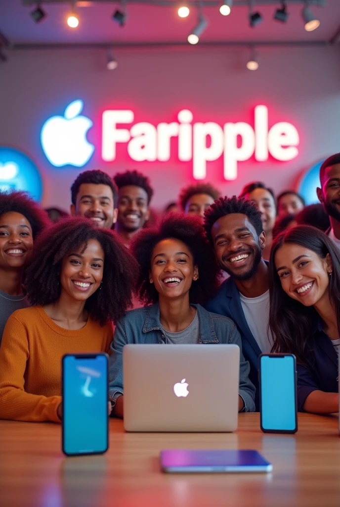 Generate me a picture of our happy customers are brand is called fariapple and i want you to show our brand in the background and we mainly deal
In iphones and macbooks and all Apple products so generate me a picture showing all this