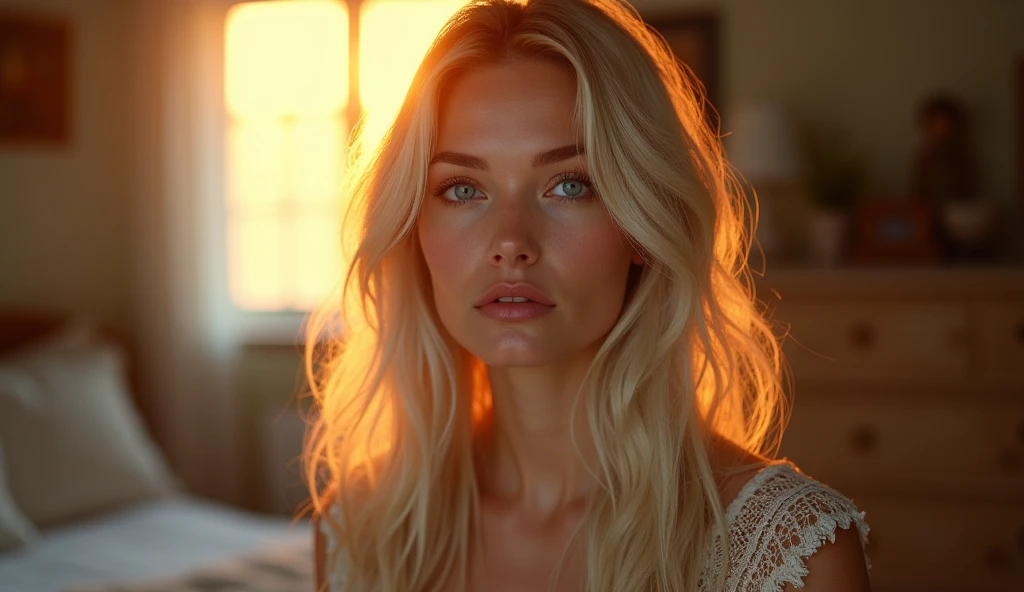 Portrait of an adult woman, aged between 30 and 35, with a striking and enigmatic beauty. She should have just, almost with pale skin, with a slight blush on the cheeks, and bright, blue piercing eyes, that contrast with the golden light of the sunset. she's home, suggesting a room, and is wearing a light colored sweater. The naturallighting comes from the side, criando um efeito suave que cria sombras difusas que destacam the texture of the skin and the brightness of the eyes. Seus lábios são rosados e ligeiramentand brights, suggesting an expression of mystery and intensity. platinum blonde hair, long and loose, slightly disheveled. The composition should capture the golden light that surrounds the hair, creating a shimmering effect that highlights blonde locks, the texture of the skin and the brightness of the eyes. The background should be slightly blurred., showing the walls and elements in light tones, like the windows, to bed, the dresser and the picture on the wall. The image should convey a feeling of coziness, with a touch of mystery and contemplation. Center the woman in the image, with the composition following the rule of thirds, highlighting your face and eyes. The photograph should capture extreme detail, with high quality rendering in 8k, maintaining the serene and enigmatic atmosphere. photography hight quality, 8k rendering, extreme detail, true-to-life portrayal, introspective atmosphere, soft and diffused lighting, naturallight.