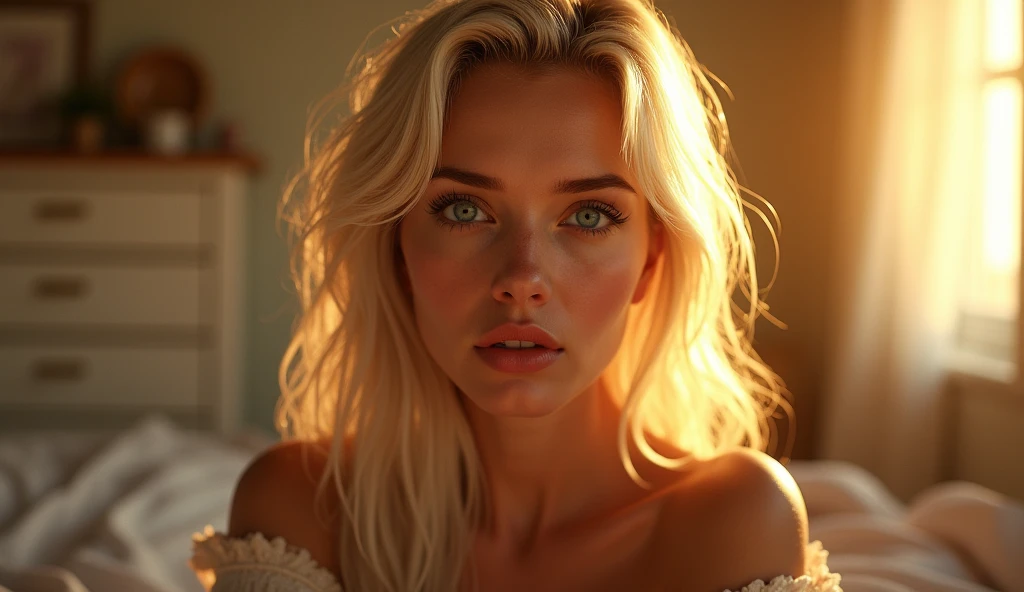 Portrait of an adult woman, aged between 30 and 35, with a striking and enigmatic beauty. She should have just, almost with pale skin, with a slight blush on the cheeks, and bright, blue piercing eyes, that contrast with the golden light of the sunset. she's home, suggesting a room, and is wearing a light colored sweater. The naturallighting comes from the side, criando um efeito suave que cria sombras difusas que destacam the texture of the skin and the brightness of the eyes. Seus lábios são rosados e ligeiramentand brights, suggesting an expression of mystery and intensity. platinum blonde hair, long and loose, slightly disheveled. The composition should capture the golden light that surrounds the hair, creating a shimmering effect that highlights blonde locks, the texture of the skin and the brightness of the eyes. The background should be slightly blurred., showing the walls and elements in light tones, like the windows, to bed, the dresser and the picture on the wall. The image should convey a feeling of coziness, with a touch of mystery and contemplation. Center the woman in the image, with the composition following the rule of thirds, highlighting your face and eyes. The photograph should capture extreme detail, with high quality rendering in 8k, maintaining the serene and enigmatic atmosphere. photography hight quality, 8k rendering, extreme detail, true-to-life portrayal, introspective atmosphere, soft and diffused lighting, naturallight.