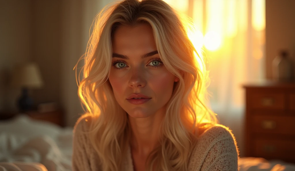 Portrait of an adult woman, aged between 30 and 35, with a striking and enigmatic beauty. She should have just, almost with pale skin, with a slight blush on the cheeks, and bright, blue piercing eyes, that contrast with the golden light of the sunset. she's home, suggesting a room, and is wearing a light colored sweater. The naturallighting comes from the side, criando um efeito suave que cria sombras difusas que destacam the texture of the skin and the brightness of the eyes. Seus lábios são rosados e ligeiramentand brights, suggesting an expression of mystery and intensity. platinum blonde hair, long and loose, slightly disheveled. The composition should capture the golden light that surrounds the hair, creating a shimmering effect that highlights blonde locks, the texture of the skin and the brightness of the eyes. The background should be slightly blurred., showing the walls and elements in light tones, like the windows, to bed, the dresser and the picture on the wall. The image should convey a feeling of coziness, with a touch of mystery and contemplation. Center the woman in the image, with the composition following the rule of thirds, highlighting your face and eyes. The photograph should capture extreme detail, with high quality rendering in 8k, maintaining the serene and enigmatic atmosphere. photography hight quality, 8k rendering, extreme detail, true-to-life portrayal, introspective atmosphere, soft and diffused lighting, naturallight.