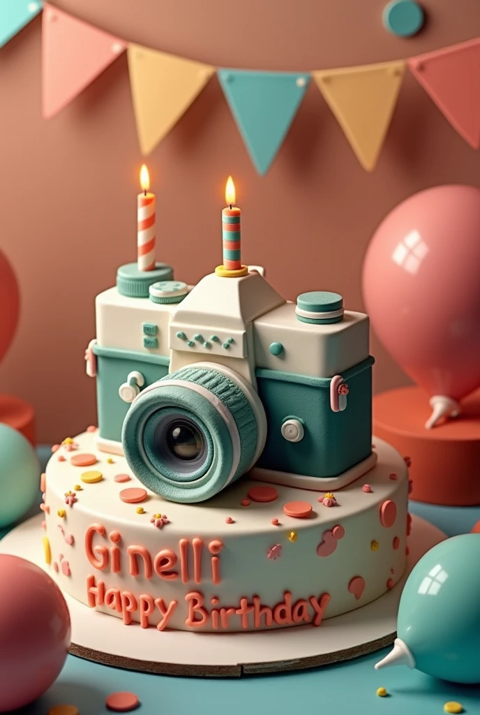 Create a picture with a camera cake for a birthday with the inscription Ginelli - Happy Birthday
