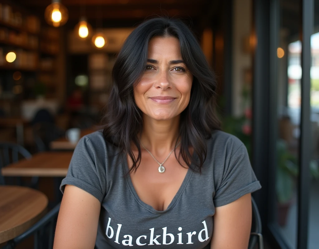 ((A mature woman sits in front of a café)),((cleavage)). 40k, Photography, Masterpiece, Best quality, dark grey background, ((Mature women, Wife, Mom, A MILF)), Perfect face, ((1 girl with brown eyes and gorgeous light black hair)). a Pretty Mexican woman,full soft breasts, 40 years old woman, mom, t-shirt with the text "Blackbird". Ultra-detailed face, Detailed eyes, Embarrassed, Smile, Summer, Daytime, full body, dated