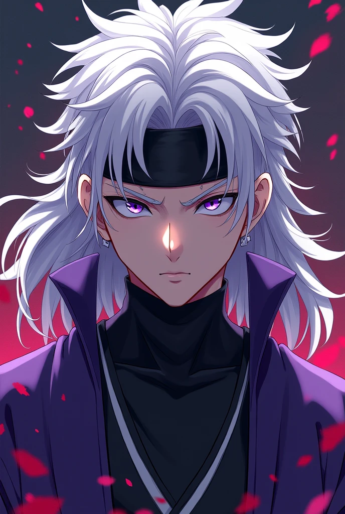 (make an artwork of gojo satoru from jujutsu kaisen)(white sipky hairs eyes cover with black headband, voilet color dressed ) in anime theme