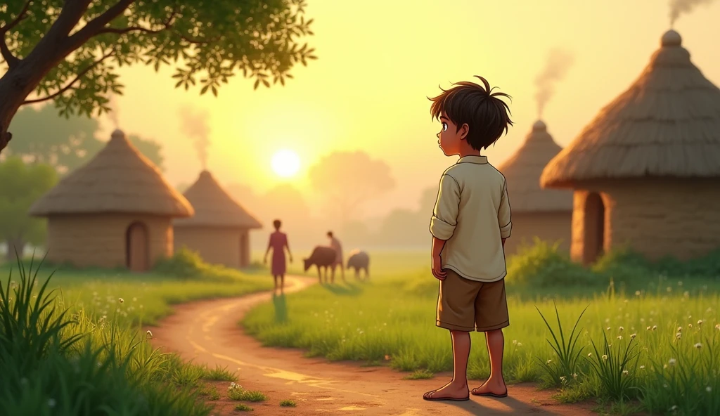 A picturesque rural village scene set in the early morning. In the foreground, a young boy, around , stands on a dirt path. He is wearing simple traditional clothes: a white kurta and brown shorts. The boy has a curious and innocent expression, gazing toward the horizon. His hair is slightly messy, suggesting a playful spirit. In the background, there are small thatched-roof huts with smoke gently rising from chimneys, indicating that the villagers are starting their day. Lush green fields surround the village, with a few cows grazing nearby. The sun is just beginning to rise, casting a warm golden hue over the entire landscape, highlighting the tranquility and simplicity of rural life. A few villagers can be seen in the distance, walking and tending to their daily chores.