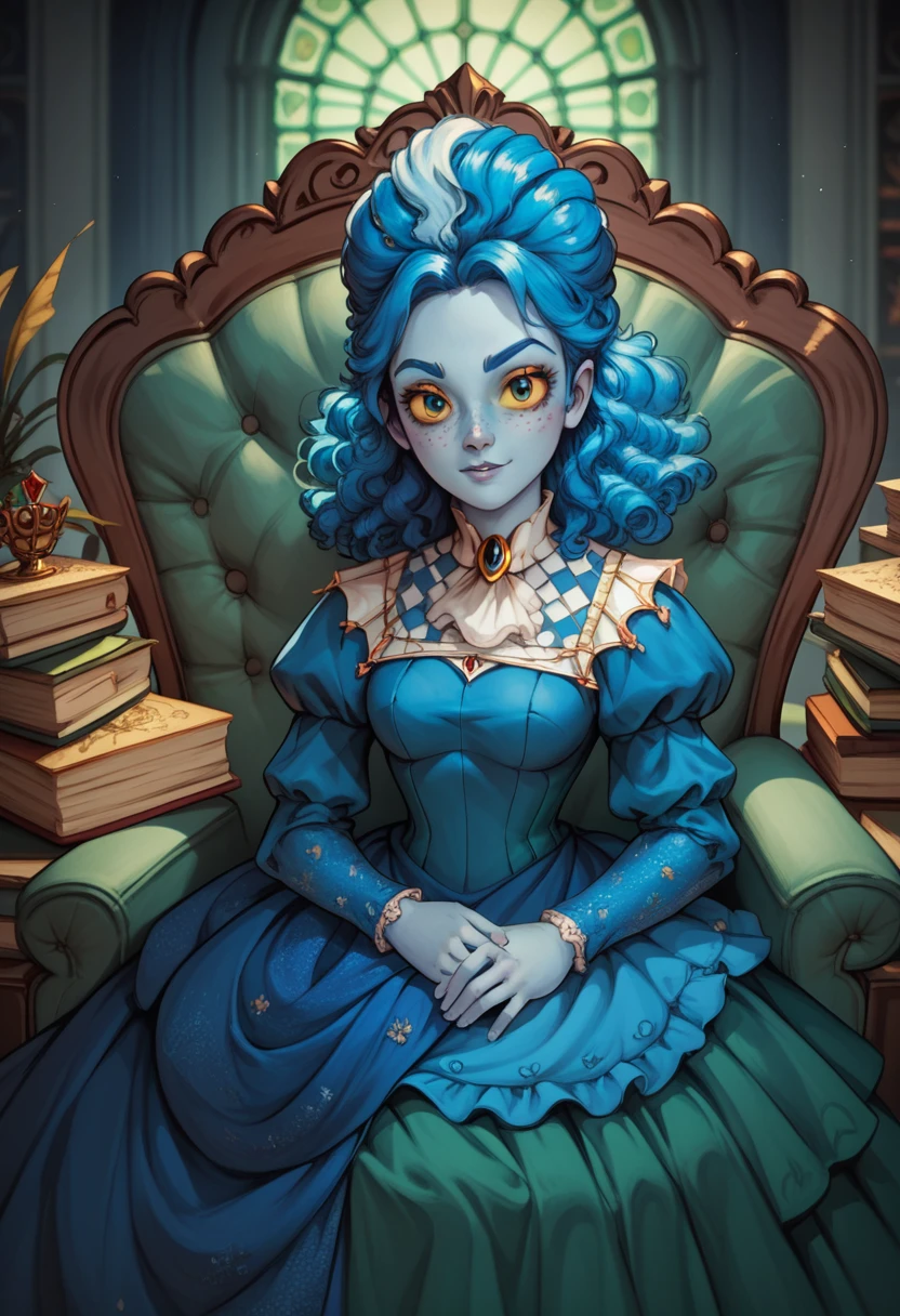 high definition, cute face, frankelda, 1girl, solo, dress, striped, blue hair, puffy sleeves, colored skin, freckles, baroque, half body, look at viewer, sitting down on green baroque chair, hands on lap, detailed background, dark floral wallpaper, yellow sclera, pile of books aside, evil simile