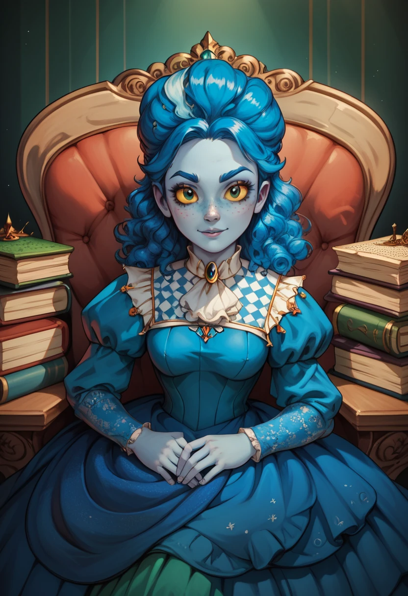 high definition, cute face, frankelda, 1girl, solo, dress, striped, blue hair, puffy sleeves, colored skin, freckles, baroque, half body, look at viewer, sitting down on green baroque chair, hands on lap, detailed background, dark floral wallpaper, yellow sclera, pile of books aside, evil simile