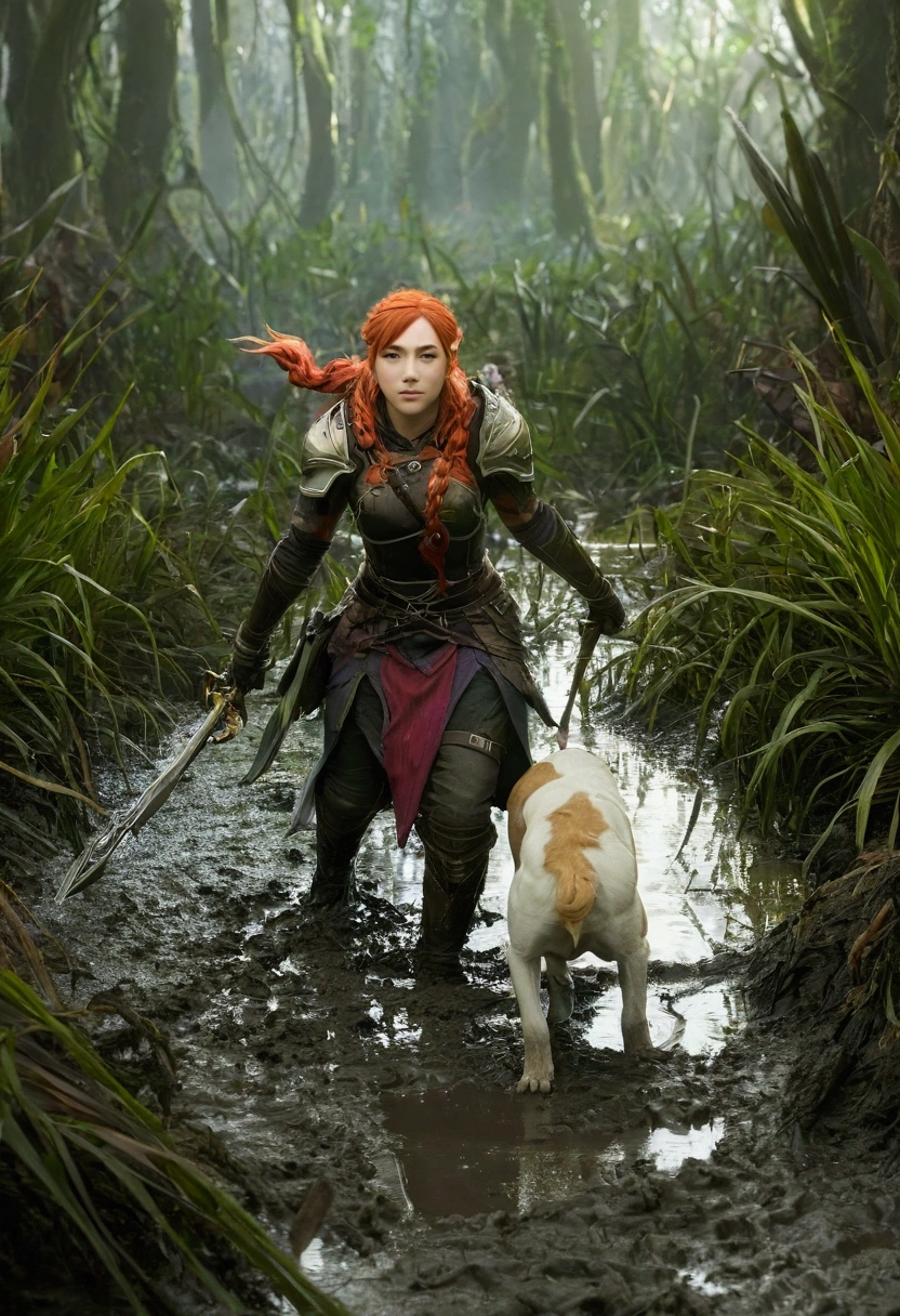 fantasy setting, a human warrior resembling Fire Emblem's Titania crawling away in a muddy swamp seen from behind with a dog biting