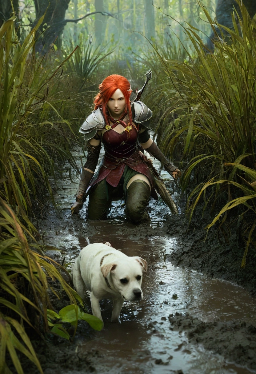 fantasy setting, a human warrior resembling Fire Emblem's Titania crawling away in a muddy swamp seen from behind with a dog biting
