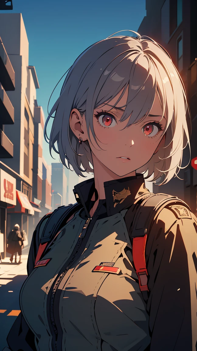 score_9, score_8_up, score_7_up, source_anime, best quality, amazing quality, absurdres, very aesthetic, 1girl, beautiful detailed eyes, beautiful detailed lips, military caps, military uniform, red eyes, short hair, grey hair, Bob Cut, holding army handgun, serious expression, side view, high quality, 8k, photorealistic, professional photography, cinematic lighting, dramatic shadows, muted color palette, gritty military style, background: Destroyed City.
