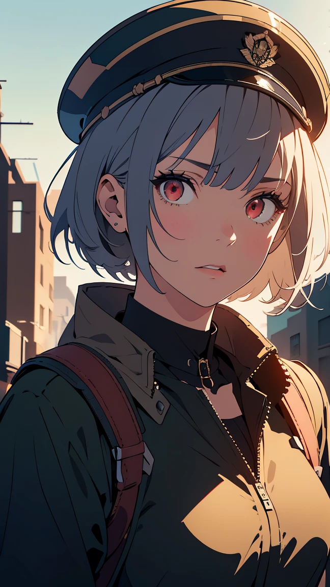 score_9, score_8_up, score_7_up, source_anime, best quality, amazing quality, absurdres, very aesthetic, 1girl, beautiful detailed eyes, beautiful detailed lips, military caps, military uniform, red eyes, short hair, grey hair, Bob Cut, holding army handgun, serious expression, side view, high quality, 8k, photorealistic, professional photography, cinematic lighting, dramatic shadows, muted color palette, gritty military style, background: Destroyed City.