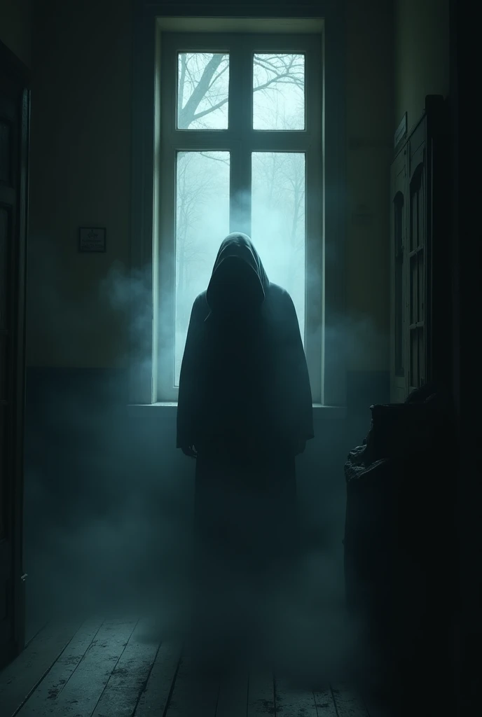 Dark, shadowy figure entering through the window of a dark room, With fog