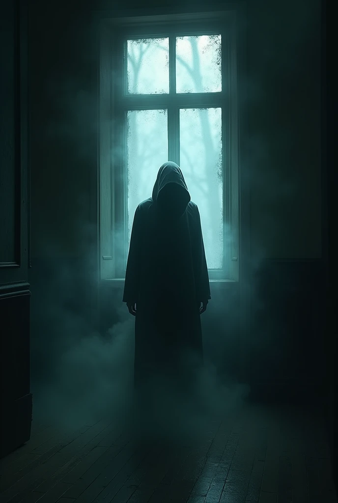 Dark, shadowy figure entering through the window of a dark room, With fog