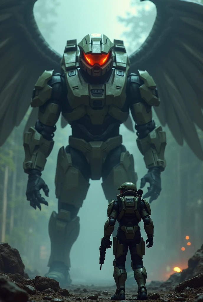 Master chief from Halo fighting against mothman cryptid, hyperealistic