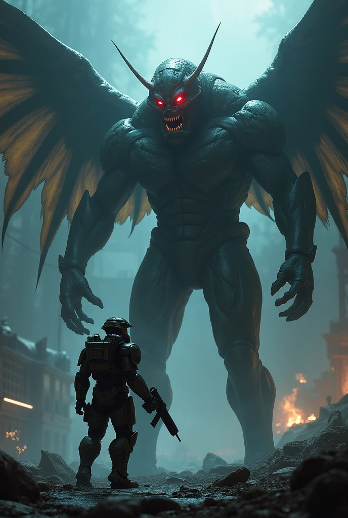 Master chief from Halo fighting against mothman cryptid, hyperealistic