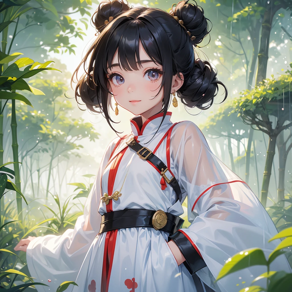 A chibi child girl had a small face and Wearing white little Taoist priest's outfit. A pair of big round eyes shone with curiosity about him. This child was so cute! ,her hair is black with two buns on her hair.small chibi, chibi baby, smiling,The little chibi baby looked up with his chest raised, and his face was old and proud.
The back is a lush green bamboo forest. The air after rain has water droplets splashing around.