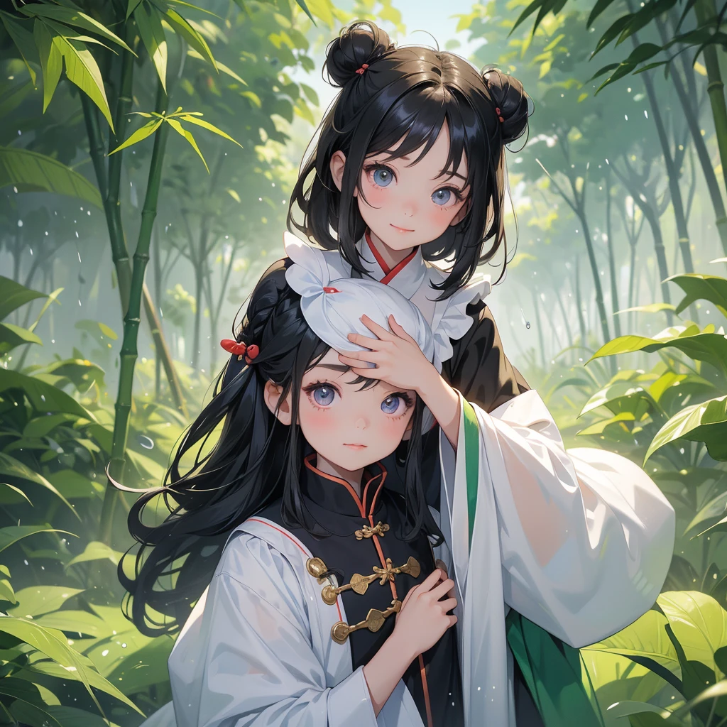 A chibi child girl had a small face and Wearing white little Taoist priest's outfit. A pair of big round eyes shone with curiosity about him. This child was so cute! ,her hair is black with two buns on her hair.small chibi, chibi baby, smiling,The little chibi baby looked up with his chest raised, and his face was old and proud.

The back is a lush green bamboo forest. The air after rain has water droplets splashing around.