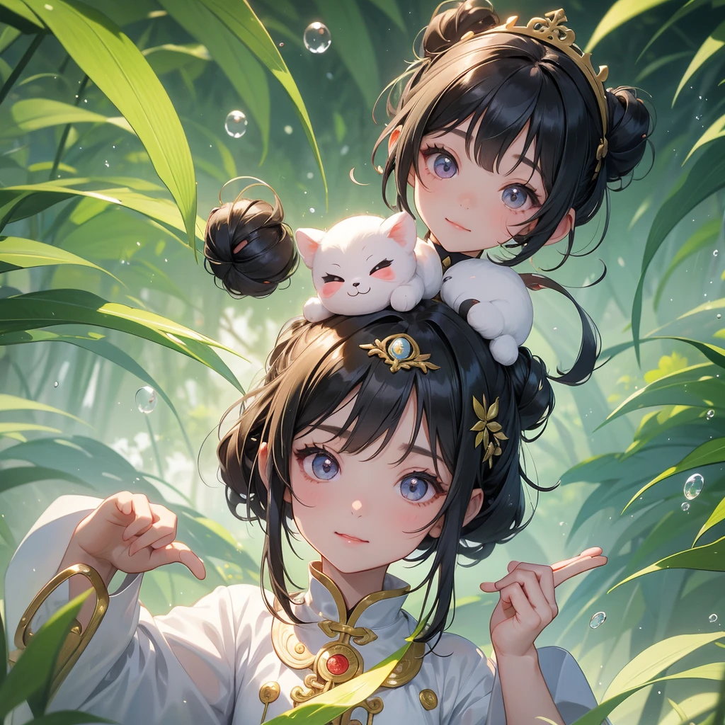 A chibi girl had a small face and Wearing white little Taoist priest's outfit. A pair of big round eyes shone with curiosity about him. This childso cute! ,her hair is black with two buns on her hair.small chibi, chibi baby, smilThe little chibi boked up with chest raised, and his face was old and proud.
The back is a lush green bamboo forest. The air after rain has water droplets splashing around.