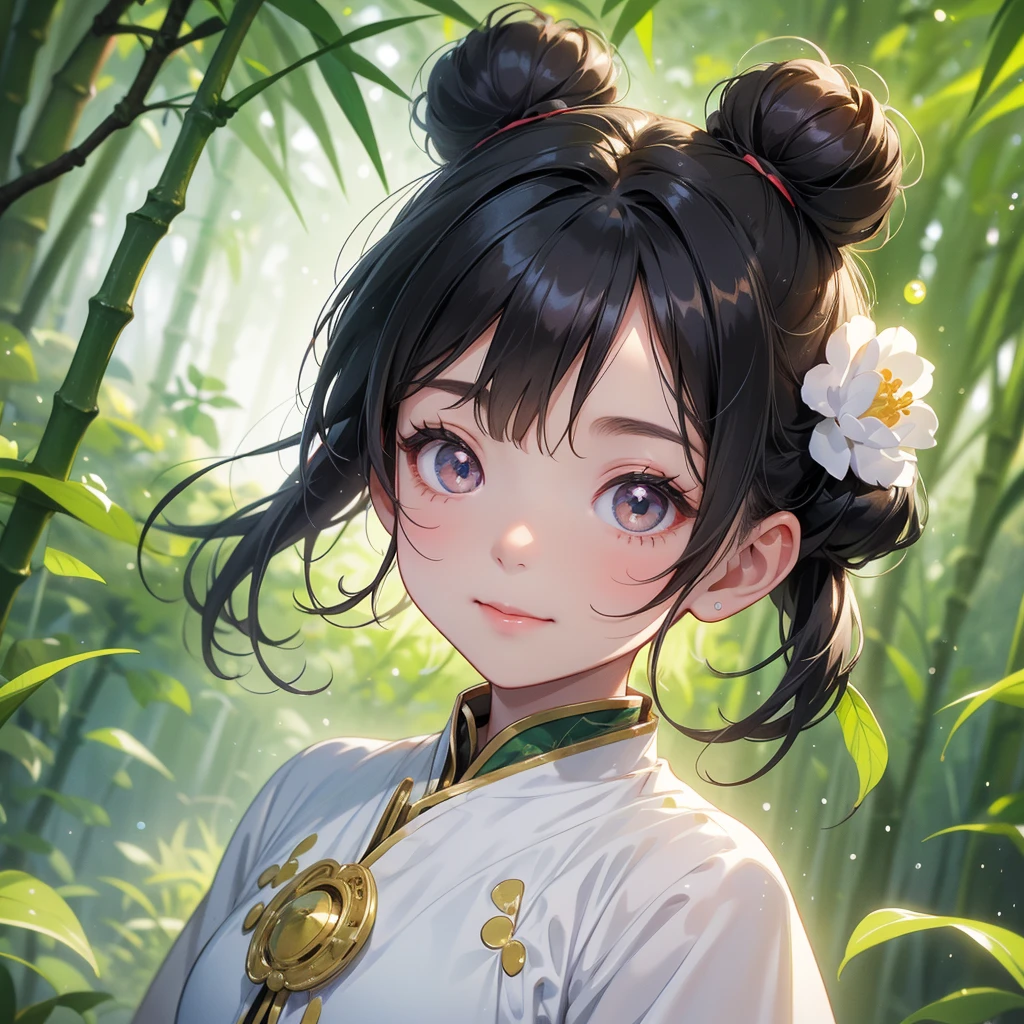 A chibi child girl had a small face and Wearing white little Taoist priest's outfit. A pair of big round eyes shone with curiosity about him. This child was so cute! ,her hair is black with two buns on her hair.small chibi, chibi baby, smiling,The little chibi baby looked up with his chest raised, and his face was old and proud.
The back is a lush green bamboo forest. The air after rain has water droplets splashing around.