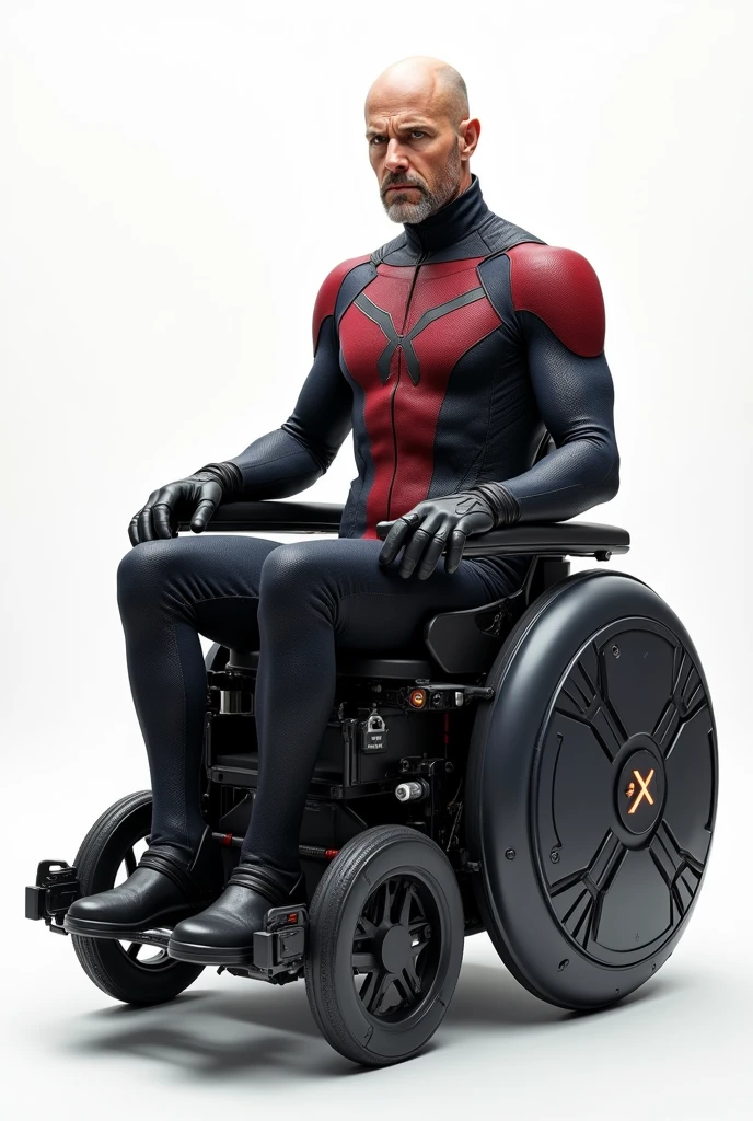 Created the Prophet Charles Xavier from the X-Men story. Put on Team X-Men's uniform. Sitting in a high-tech wheelchair on a white background