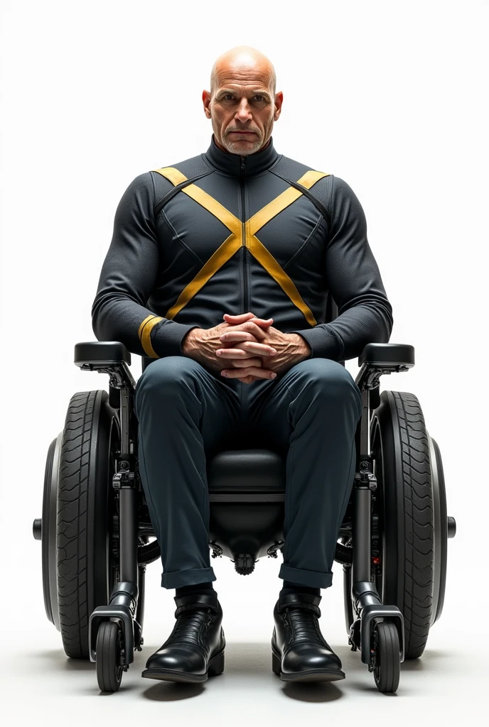 Created the Prophet Charles Xavier from the X-Men story. Put on Team X-Men's uniform. Sitting in a high-tech wheelchair on a white background