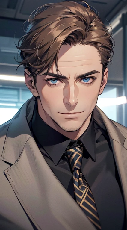 (best quality,4k,8k,highres,masterpiece:1.2),ultra-detailed,(realistic,photorealistic,photo-realistic:1.37),1 man,3,mature man,very handsome,without expression,smile,short grey brown hair,blue eyes,penetrating gaze,perfect face without errors,imposing posture,businessman,office background,cinematic lighting,hdr image