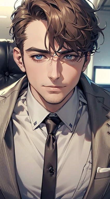 (best quality,4k,8k,highres,masterpiece:1.2),ultra-detailed,(realistic,photorealistic,photo-realistic:1.37),1 man,3,mature man,very handsome,without expression,smile,short grey brown hair,blue eyes,penetrating gaze,perfect face without errors,imposing posture,businessman,office background,cinematic lighting,hdr image