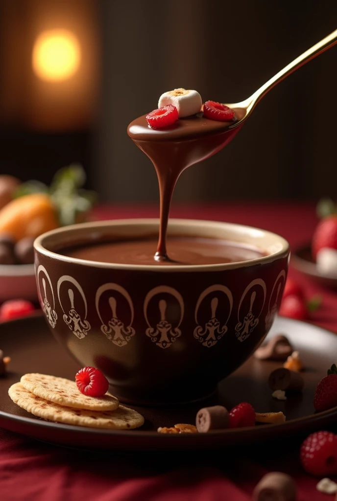 Make an image of a chocolate fondue that generates desires and intuitively place the Carmen Steffens logo so that it remains in the subconscious, make the Carmen Steffens logo visible too
