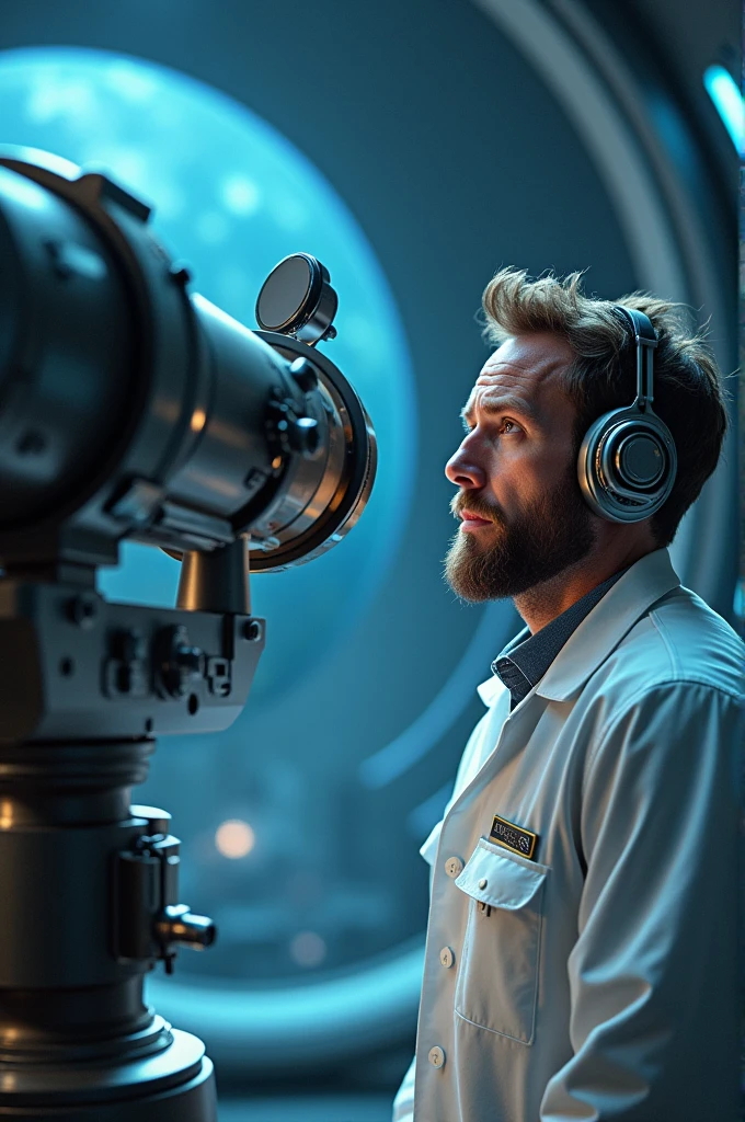 A scientist with headphones who is his friend, Discovering a new planet with a futuristic telescope.