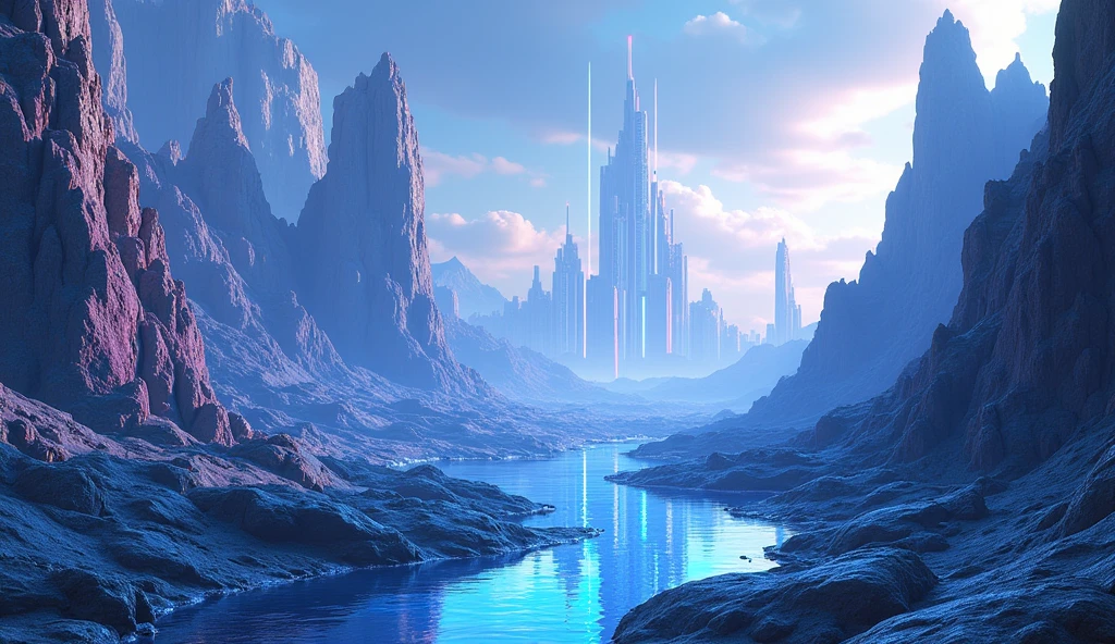 a landscape shot from the rocky outskirts of Tron city from The Tron movie, in the style of IMAX FILMS. surreal world, realistic, photorealism, high resolution, best quality, sharp details, 4K HDR