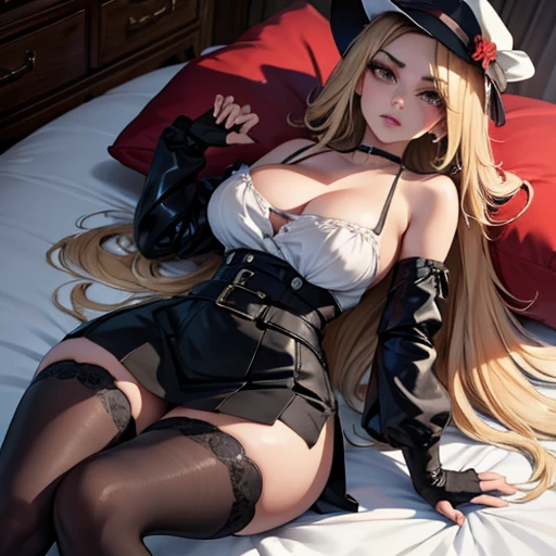 lying face down on the bed, (masterpiece, best quality:1.4), absurdres, highres, ultra detailed, beautiful, (secretary), (perfect face, detailed face, beautiful:1.3),(natural breasts, cleavage), collarbone, fingerless gloves, gloves,spaghetti strap top, black pencil skirt, tight, over the knee skirt, hat, elegant secretary outfit, thighhighs, thick thighs, thighs, multiple belts, More detailed 8K.motor irreal:1.4,UHD,La mejor calidad:1.4, fotorrealista:1.4, textura de la piel:1.4, obra maestra:1.8,obra-prima, mejor calidad,objeto Objeto], (detailed face features:1.3),(manos detailed)
