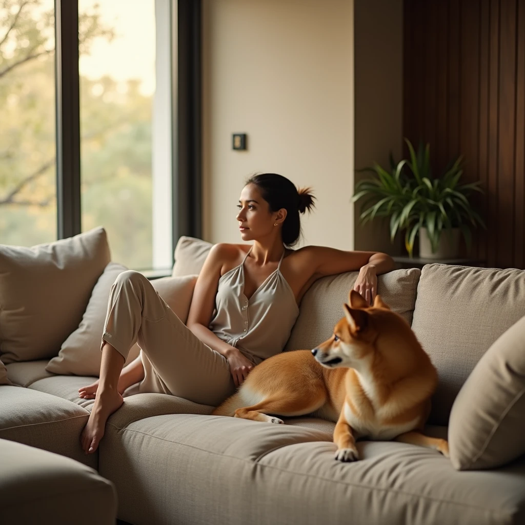 Premium, cozy, and minimalistic image of a sophisticated Brazilian woman sitting on a modern, minimalist sofa in her living room, with her Shiba Inu dog lying contentedly beside her. The room is elegantly designed with clean lines and neutral tones, reflecting the Yomi brand’s commitment to simplicity and sophistication. Soft, golden light from the late afternoon streams in through a large window, casting a warm, inviting glow over the scene. The image is captured at eye level with a Canon EOS R5 and a 50mm f/1.2 lens, focusing on the serene interaction between the woman and her dog. The shallow depth of field subtly blurs the background, emphasizing the peaceful ambiance of the home. The overall tone is warm, with soft shadows and a luxurious contrast, highlighting the textures of the sofa and the softness of the dog’s fur, creating an intimate, emotionally resonant visual that embodies the premium, caring identity of Yomi Pet Shop and Care.