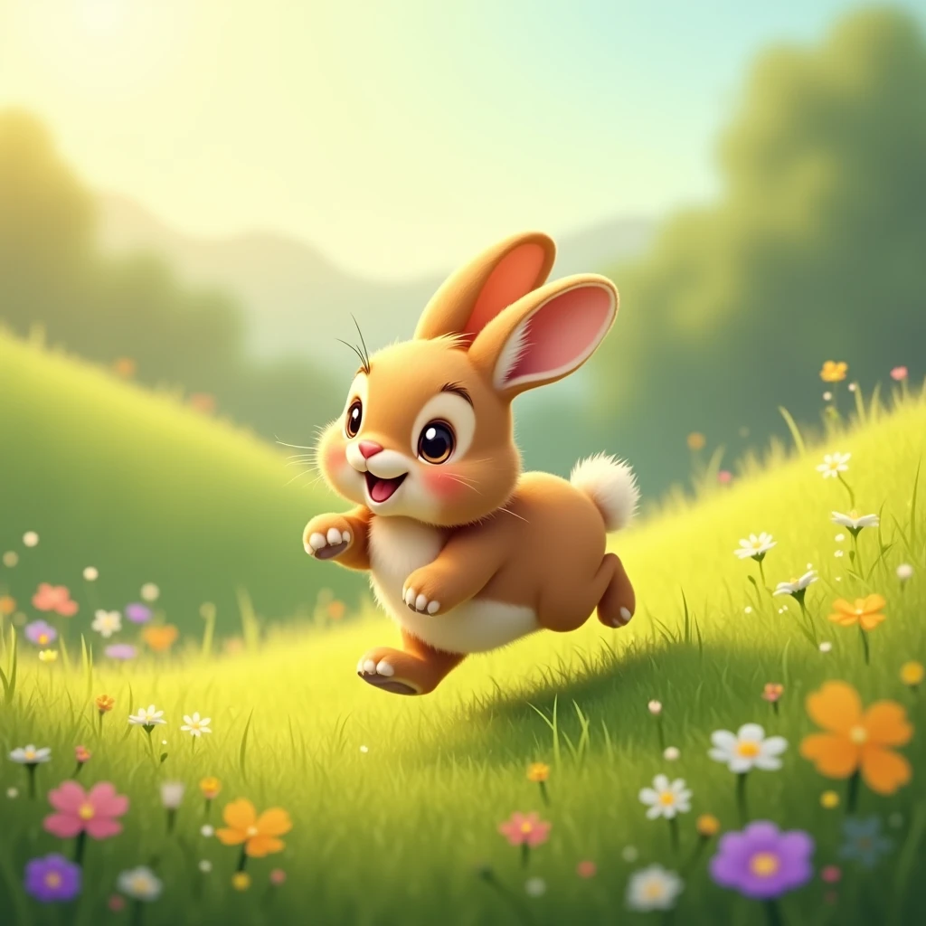 sunny day, little brown bunny happily jumping down the hill