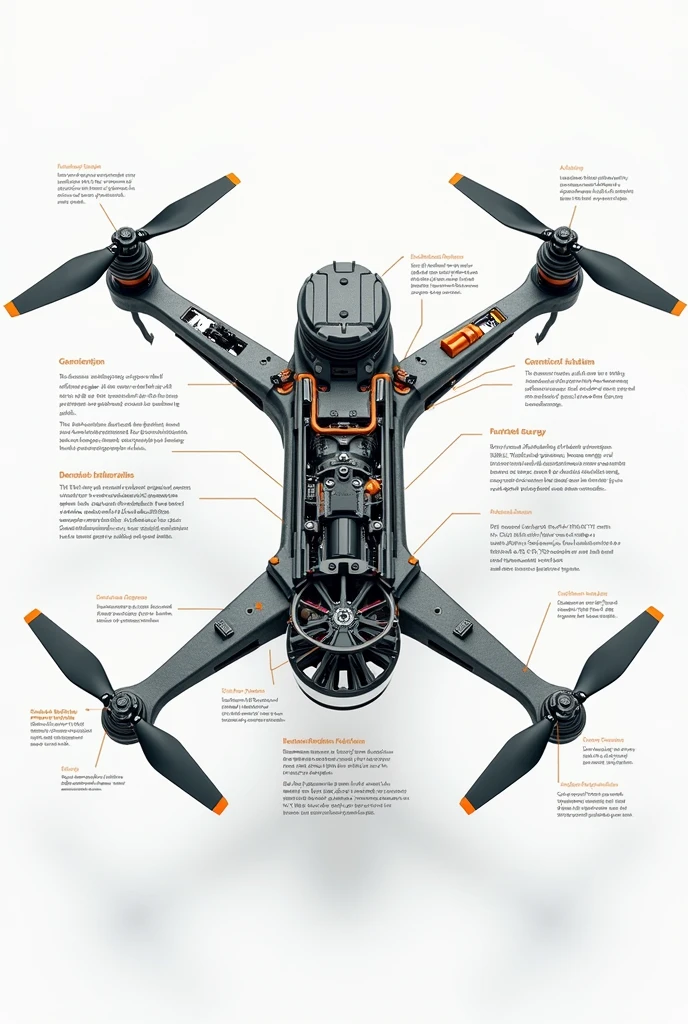 Concept Overview:
Propellers as Turbine Wings: The drone's propellers will be designed as turbine blades, allowing them to harness airflow as they rotate.
Turbine Engine Inside: A compact turbine engine will be integrated into the drone. As the propellers spin, they will draw in air, which will then drive the turbine. The turbine will convert the kinetic energy from the air into mechanical energy.
Electricity Generation: The turbine will be connected to a generator that converts mechanical energy into electrical energy. This electricity will power the drone's motors and other systems.
Self-Sustaining Flight: In theory, the system would be self-sustaining, with the turbine generating enough electricity to keep the drone flying without an external power source after the initial start. show it's insider quadcopter diagram with explanations in english of each perticles