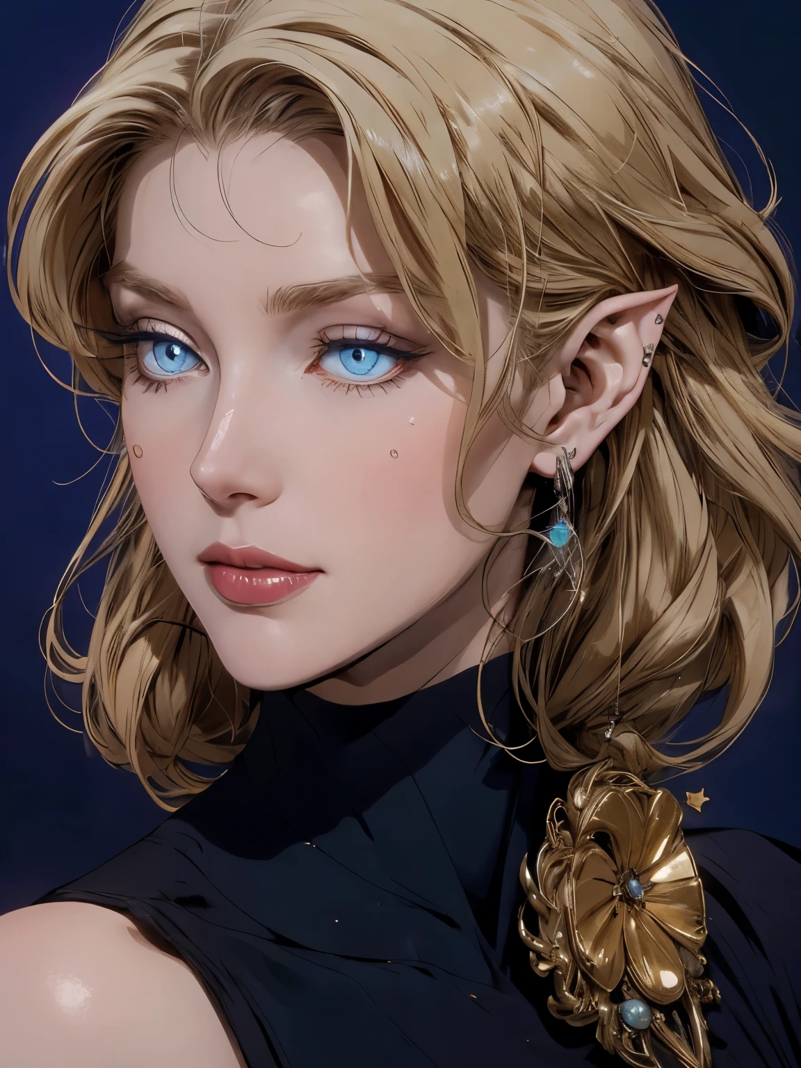 beautiful blond elven woman in her 30s, with blue eyes and striking features, exuding maturity and allure in a seductive pose.(dark-blue background), pointy ears, glowing eyes, beauty, blond medium hair, an14