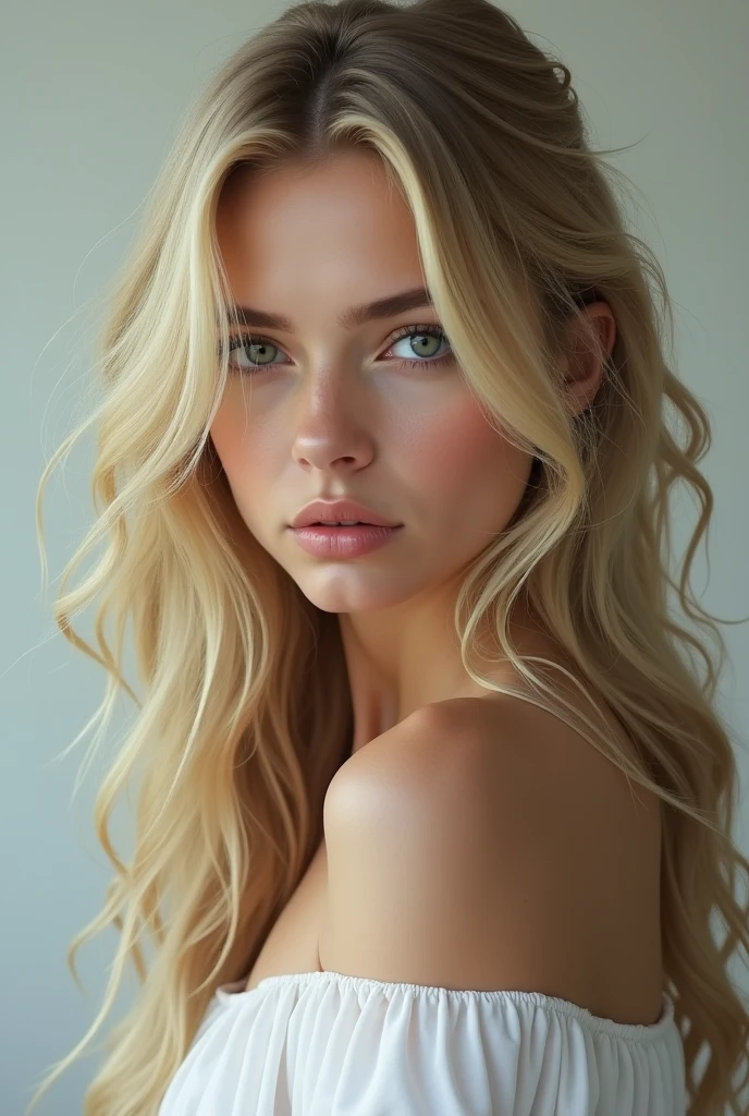 Blonde woman with gray eyes 