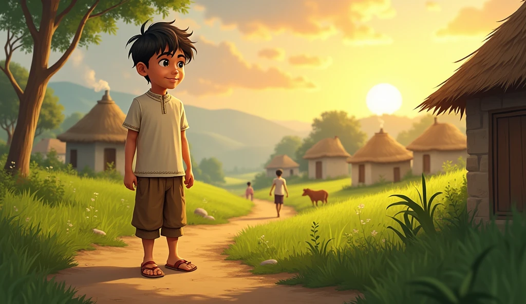 A picturesque rural village scene set in the early morning. In the foreground, a young boy, around 20 years old, stands on a dirt path. He is wearing simple traditional clothes: a white kurta and brown shorts. The boy has a curious and innocent expression, gazing toward the horizon. His hair is slightly messy, suggesting a playful spirit. In the background, there are small thatched-roof huts with smoke gently rising from chimneys, indicating that the villagers are starting their day. Lush green fields surround the village, with a few cows grazing nearby. The sun is just beginning to rise, casting a warm golden hue over the entire landscape, highlighting the tranquility and simplicity of rural life. A few villagers can be seen in the distance, walking and tending to their daily chores.