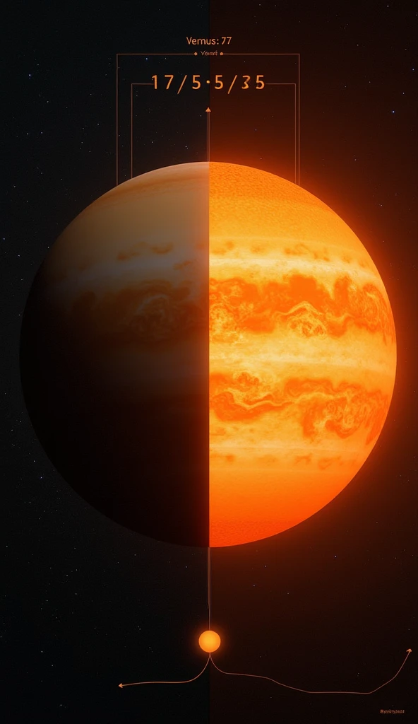 A Day Outlasting a Year on Venus": Create a split-screen image that shows both Venus’ slow rotation and its orbit around the Sun. On one side, show a close-up of Venus slowly turning, with exaggerated time indicators, while on the other, Venus moves swiftly around the Sun, highlighting the contrast in day and year lengths.