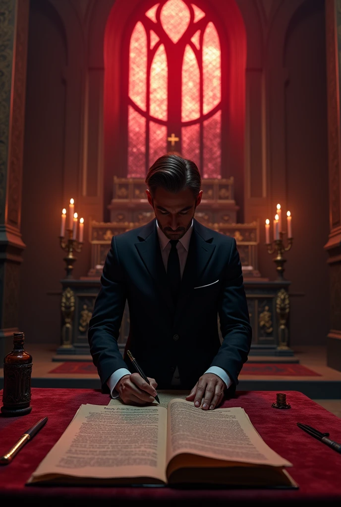 a blood-colored moon reflects through the windows, inside an old chapel with altar, first person perspective signing a blood contract, man in suit signing