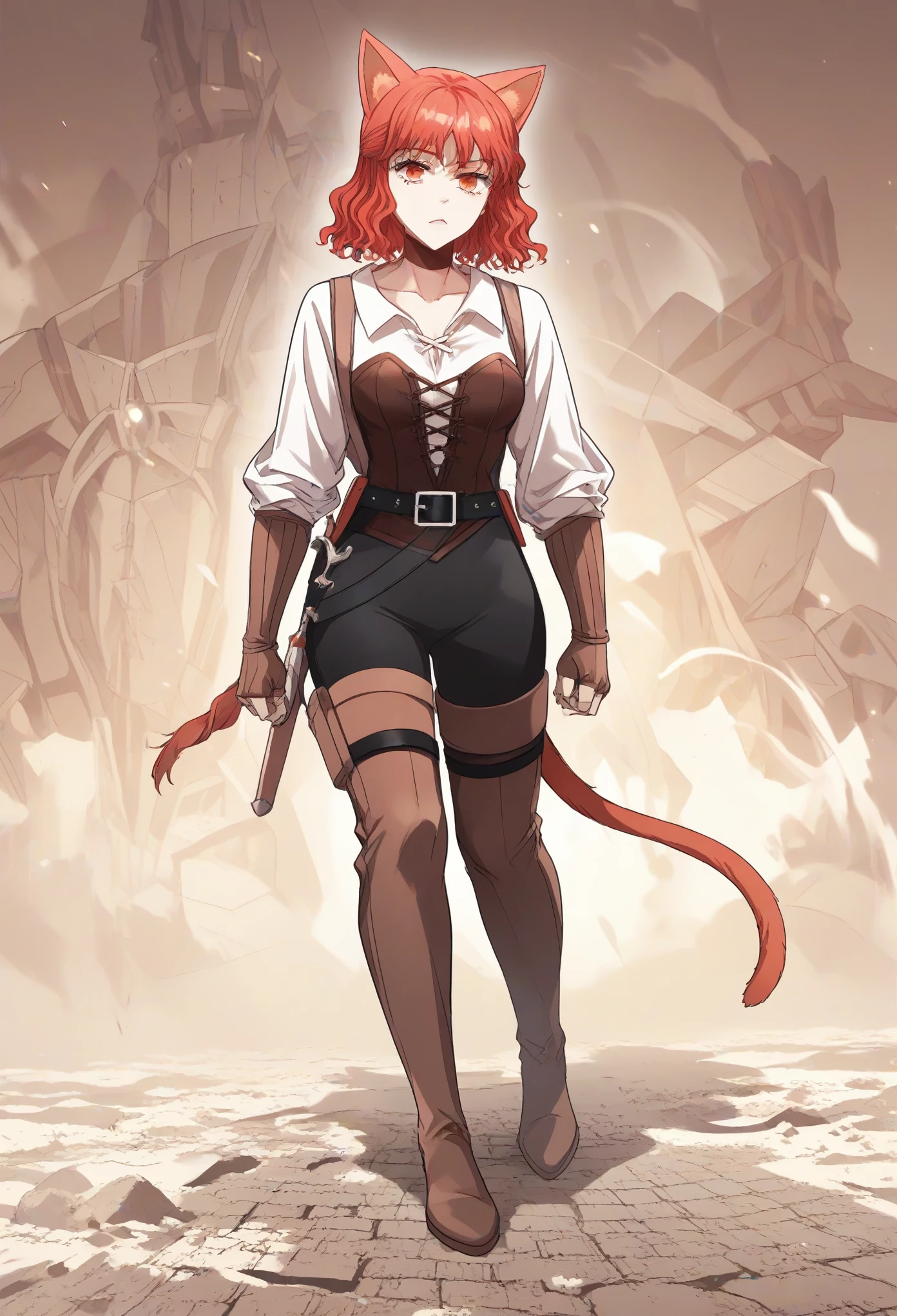 MisshaKarlstein, cat woman, red eyes, red hair, short hair, wavy hair, battle uniform,collar,leash,embarrased
