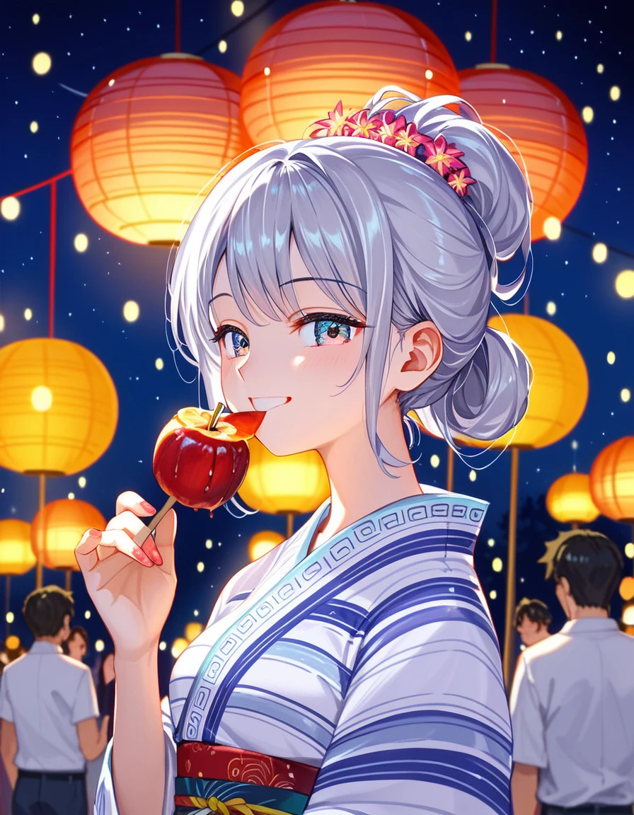 alisa mikhailovna kujou,tokidoki bosotto roshia-go de dereru tonari no arya-san, masterpiece, ultra-high-quality illustration, 16k resolution, intricate and delicate details, Japanese anime style, Alya Kujou, Alisa Mikhailovna Kujo, vibrant summer festival, colorful food stalls, glowing paper lanterns, crowded with cheerful festival-goers, starry night sky, no clouds, bright stars, clear weather, eating candy apple, delighted smile, large expressive eyes, detailed facial features, soft and flawless fair skin, and slim figure, silver hair, silky and fine hair strands, traditional summer yukata, elegant design, natural beauty, no accessories, charming and warm smile, captivating gaze, graceful and poised, artistic composition, emotionally resonant