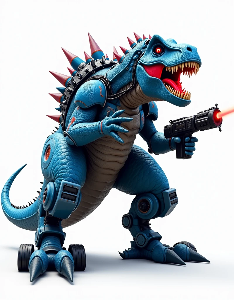 (Masterpiece:1.2),(best quality:1.0),giant mutant T-Rex fused with an armored futuristic vehicle,T-Rex with wheels on the feet,machine gun coming out of the mouth,blue sci-fi color with red details,white background,intricate textures,clean and dynamic lines,(Dragon Ball Z art:1.5),comic style with vibrant colors and dramatic shading,centralized composition,energetic atmosphere,(best quality,4k,8k,highres,masterpiece:1.2),ultra-detailed,(realistic,photorealistic,photo-realistic:1.37),cinematic lighting,dramatic angles,intricate textures,glowing neon accents,dynamic composition,striking contrasts,hyper-detailed mechanical components,gleaming metallic surfaces,vibrant color scheme,moody atmosphere,cinematic framing,professional 3D rendering,concept art style