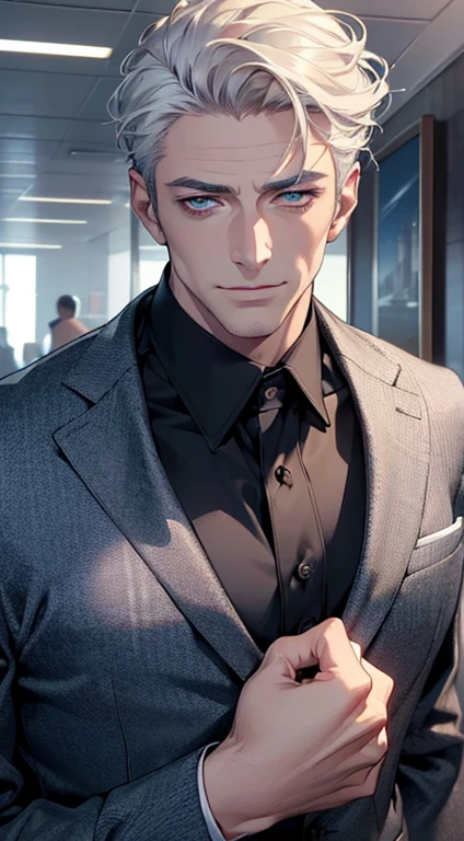 (best quality,4k,8k,highres,masterpiece:1.2),ultra-detailed,(realistic,photorealistic,photo-realistic:1.37),1 man,3,mature man,very handsome,without expression,smile,short white hair,blue eyes,penetrating gaze,perfect face without errors,imposing posture,businessman,office background,cinematic lighting,hdr image