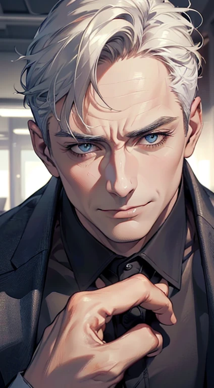 (best quality,4k,8k,highres,masterpiece:1.2),ultra-detailed,(realistic,photorealistic,photo-realistic:1.37),1 man,3,mature man,very handsome,without expression,smile,short white hair,blue eyes,penetrating gaze,perfect face without errors,imposing posture,businessman,office background,cinematic lighting,hdr image