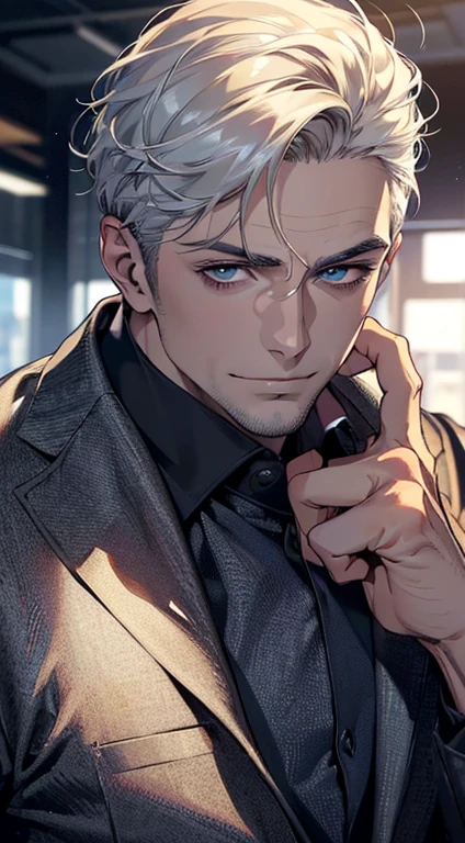 (best quality,4k,8k,highres,masterpiece:1.2),ultra-detailed,(realistic,photorealistic,photo-realistic:1.37),1 man,3,mature man,very handsome,without expression,smile,short white hair,blue eyes,penetrating gaze,perfect face without errors,imposing posture,businessman,office background,cinematic lighting,hdr image