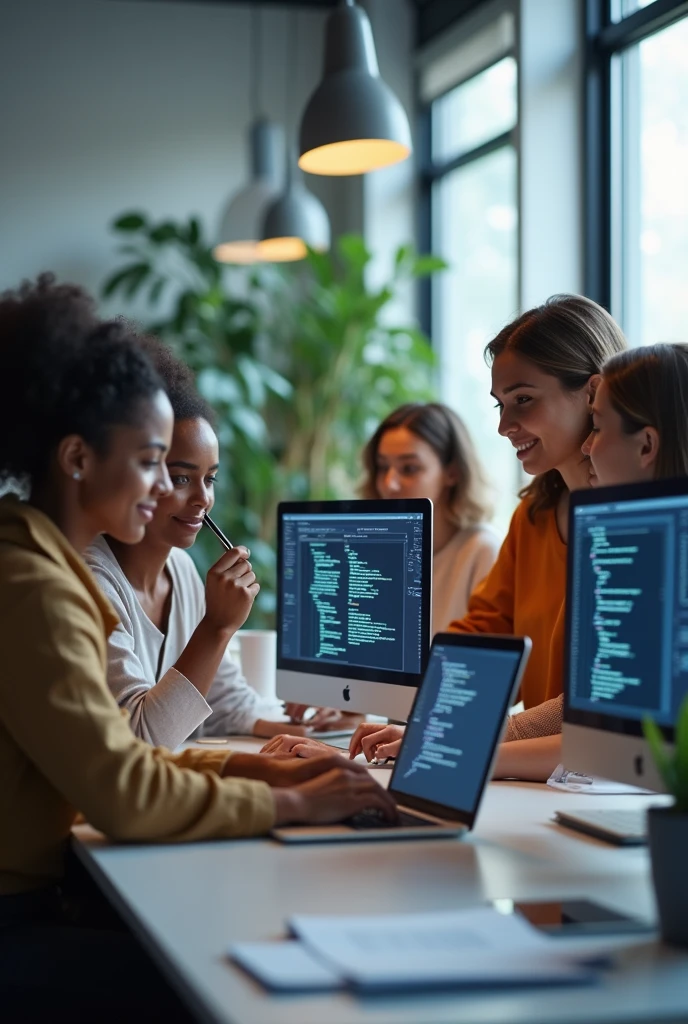 An inspiring scene of a diverse group of women working together in a modern tech office environment. The image should include women of different ethnic backgrounds engaged in activities like coding, brainstorming, and collaborating around a computer. Emphasize a positive and empowering atmosphere with technology-related elements like laptops, screens displaying code, and tech gadgets
