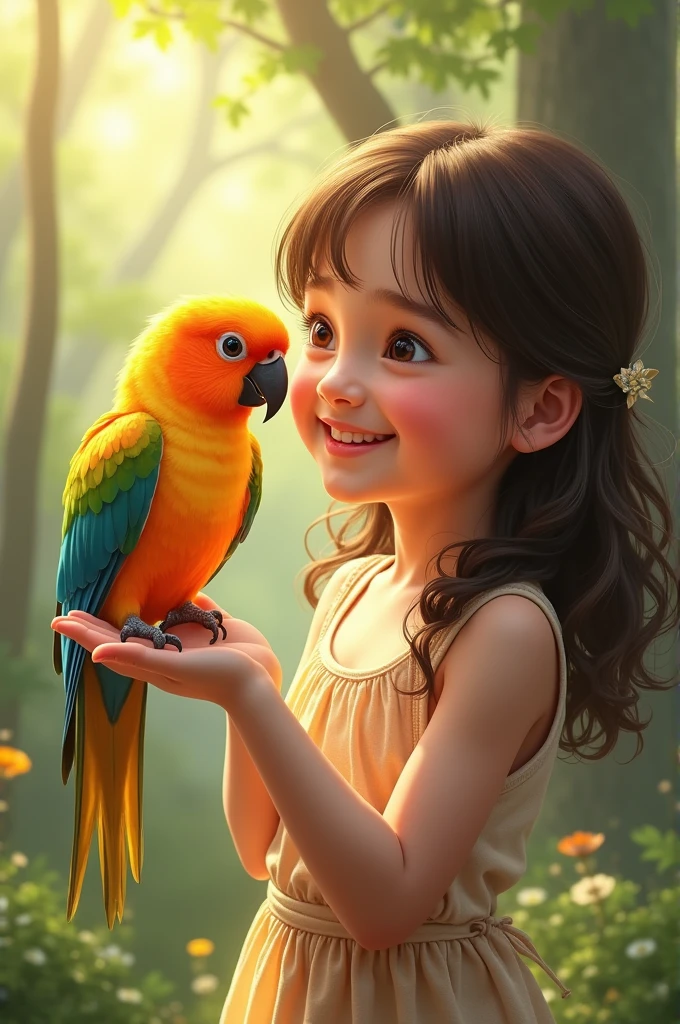 Girl with Sun Conure